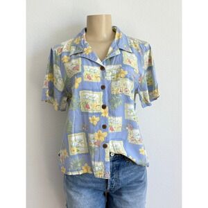 VTG 90s Shaver Lake Tropical Postcard Rayon Camp Shirt Coastal Vacation Novelty